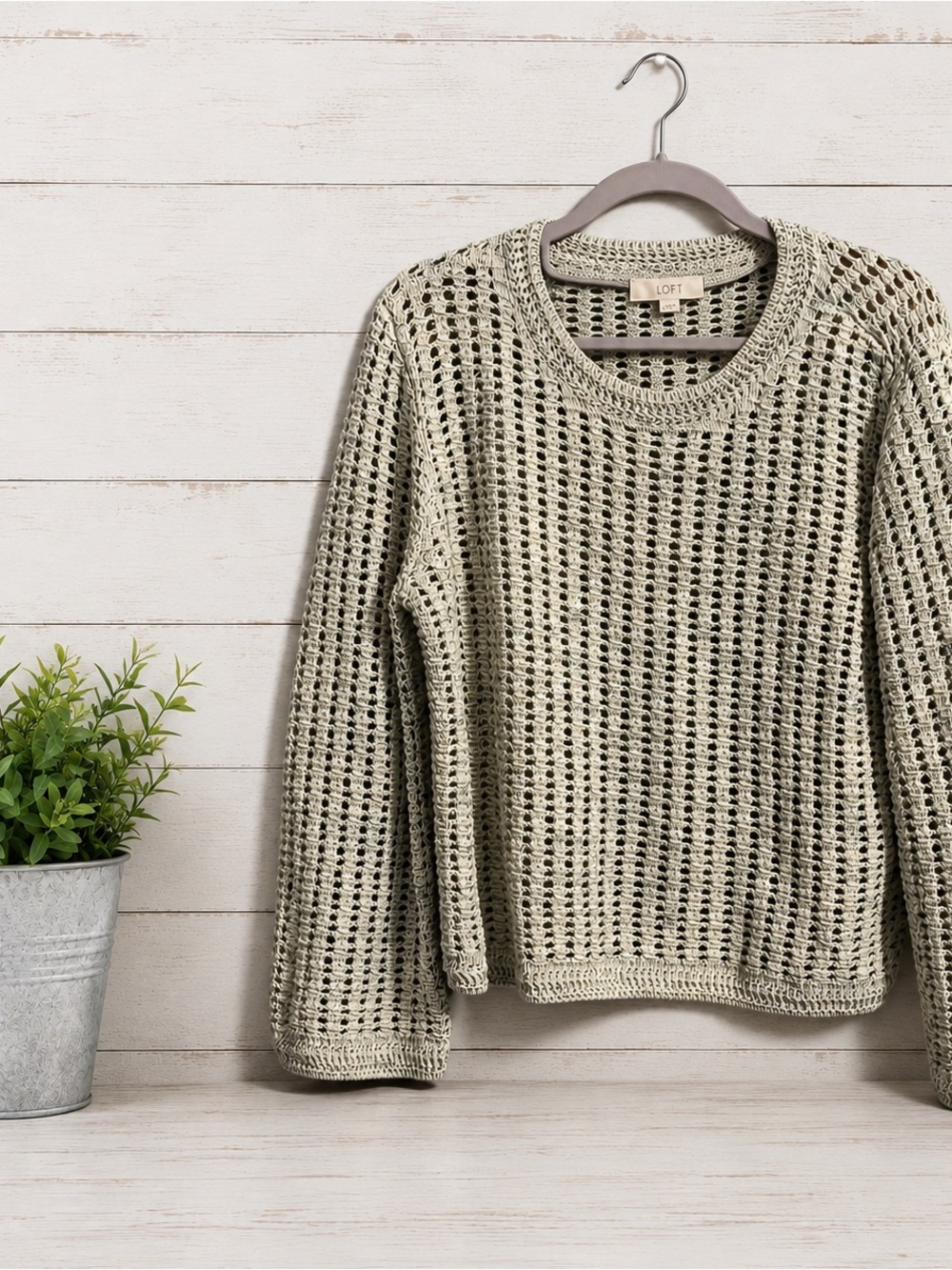 LOFT Open-Knit Crewneck Sweater in Light Sage